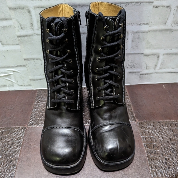 Frye Vintage Y2K Villager Boot Lace Up Zip Stitch 70's Chunky Heel Black Size 9 - Picture 14 of 15